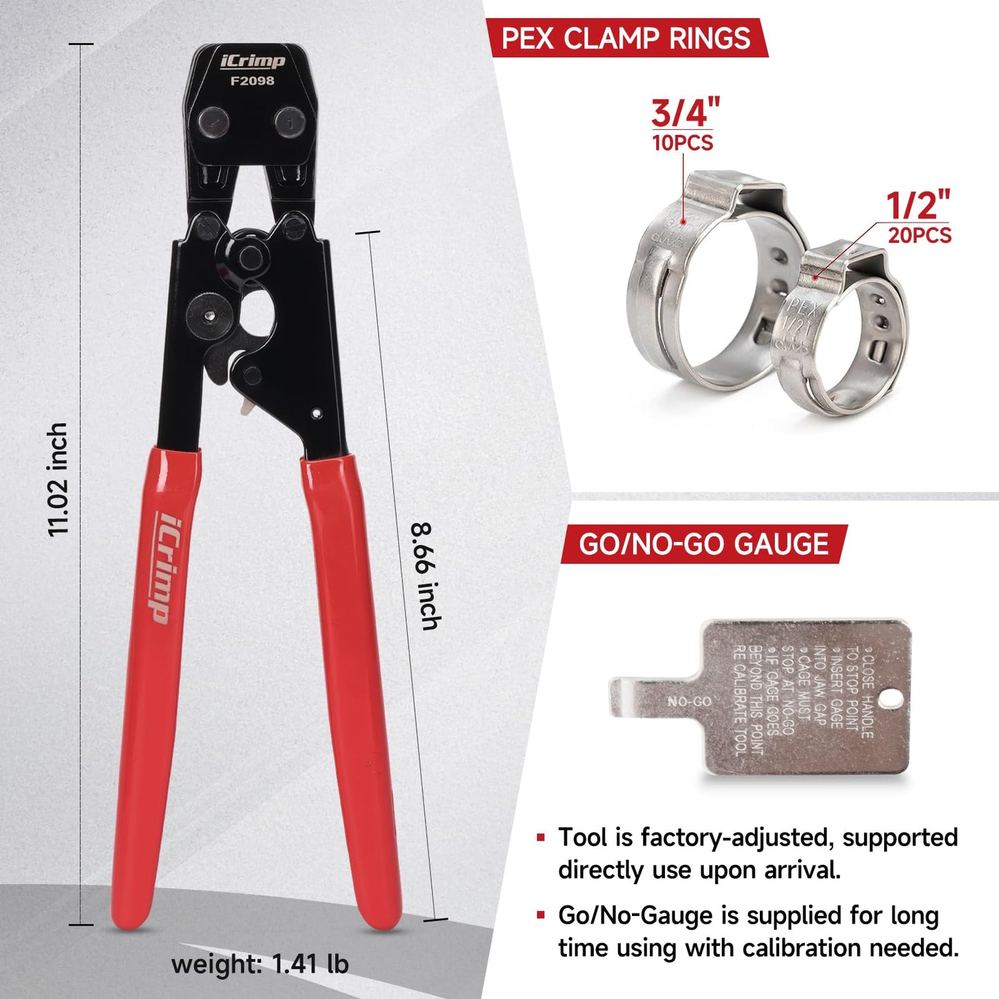 iCrimp PEX Pipe Clamp Crimping Tool Kit Cinch Crimper Tool for Stainless Steel Clamps from 3/8-inch to 1-inch with 1/2-inch 20pcs and 3/4-inch 10pcs SS PEX Clamps