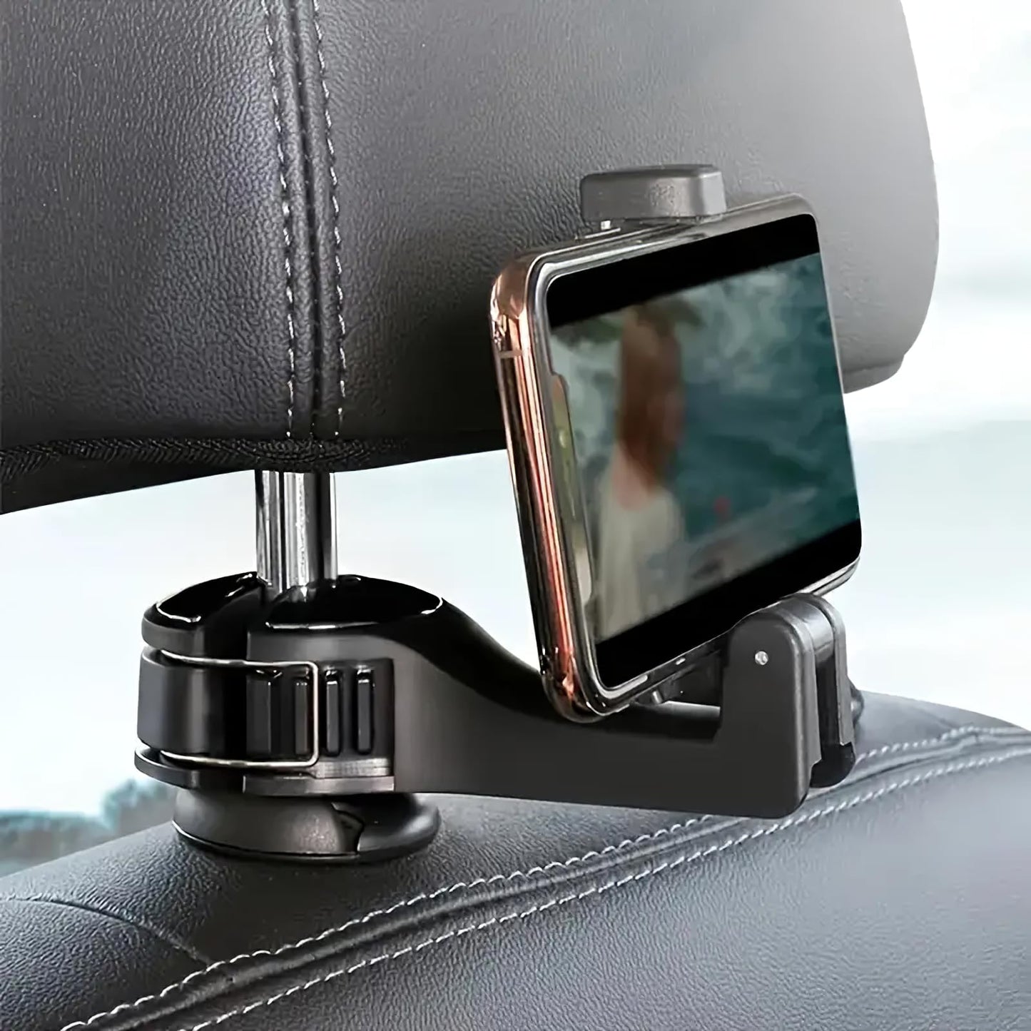 Car Headrest Hook with Phone Holder, Universal 360 Rotation Headrest Hooks for Purses and Bags (Black)