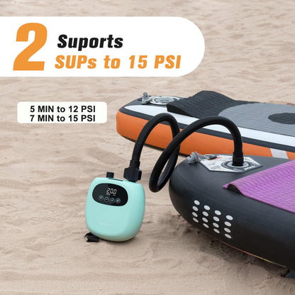 dwndpump Electric Paddle Board Pump, Rechargeable 20 PSI SUP Pump, Dual-Stage Inflation and Deflation Sup Air Pump, Portable Electric Pump for Kayaks, Wind Wings, SUPs (with 7 Valve Adapters)