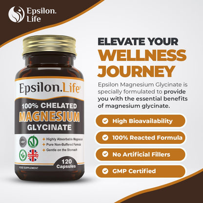 Epsilon Magnesium Glycinate Supplements - Chelated Mg Bisglycinate Supplement - 120 Easy to Take Vegan Capsules - 500mg Unbuffered Magnesium-Glycinate per Capsule - UK-Made