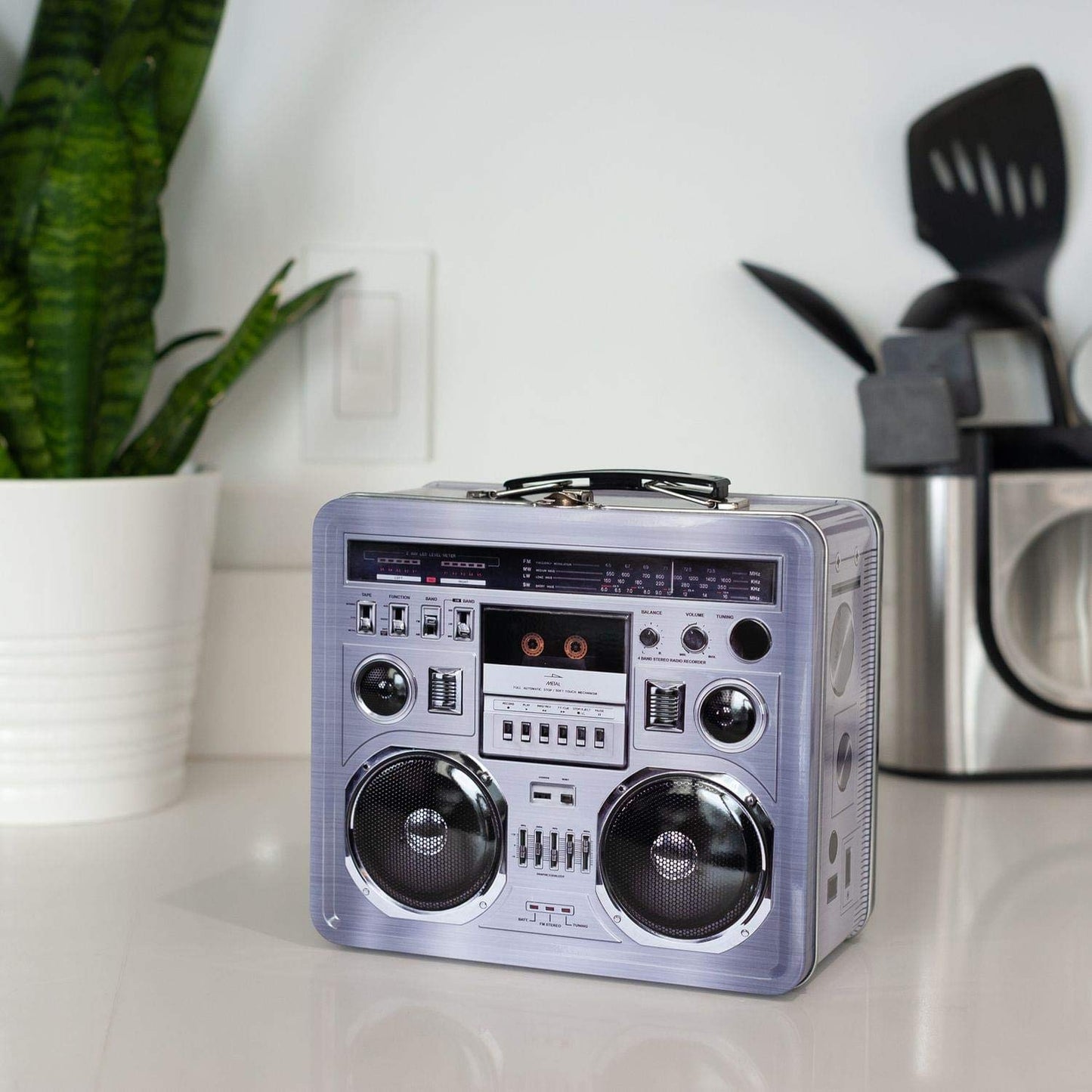 Retro Boombox Radio Lunchbox Tin Tote - 1980s Inspired Merchandise - Novelty Costume Accessories And Storage Container - Fun Unique Gifts for Halloween, Birthdays, Holidays, Graduation Multicolor