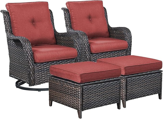 Rilyson Wicker Patio Furniture Set - 4 Piece Rattan Outdoor Sectional Conversation Sets with 2 Swivel Rocking Chairs,2 Ottomans for Porch Deck Garden(Brown/Red)