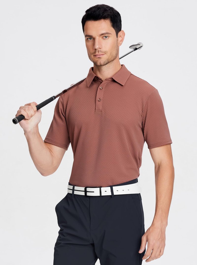 Alex Vando Mens Bubble Jacquard Polo Shirt Super Stretch Short Sleeve Polo Shirts for Men,Coffee,L