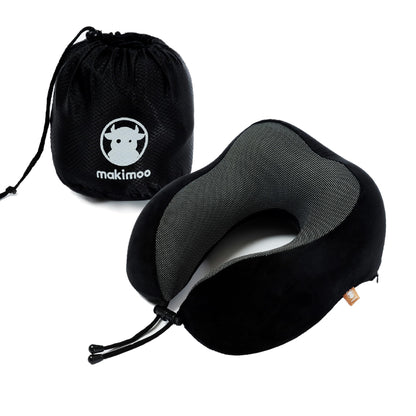 Memory Foam Travel Pillow, Neck Pillow with 360-Degree Head Support, Comfortable and Lightweight, Ideal for Sleeping on Airplane, Car, Train, Bus and Home Use, Comes with Storage Bag (Black)
