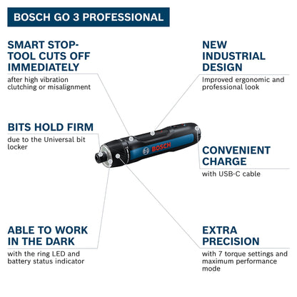 Bosch Professional Screwdriver Bosch GO 3 (incl. 8pcs bit Set, bit Holder, USB-C Cable, Mini Case)