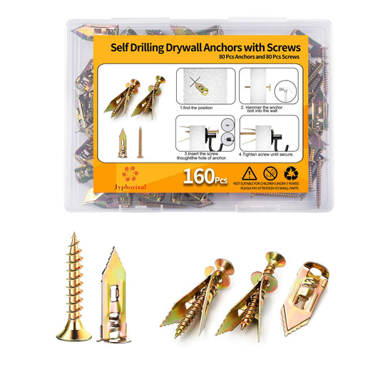 Jyphorixal 160 PCS Drywall Self Drilling Anchors with Screws Kit,80 PCS Sheetrock Anchors (0.47X1.18inch) and 80 PCS Screws, Eliminating The Need for Drilling or Punching Holes in The Wall.