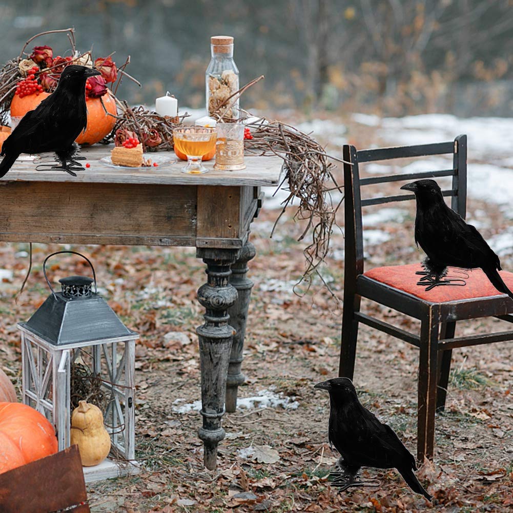 FUNPENY Halloween Black Feathered Crows, Lifelik Halloween Decoration Birds with Real Feather (6 Pack)