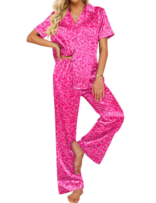 Ekouaer Silk Pajamas for Womens Set 2 Piece Satin Pjs Soft Button Down Sleepwear Wide Leg Long Pants with Pockets