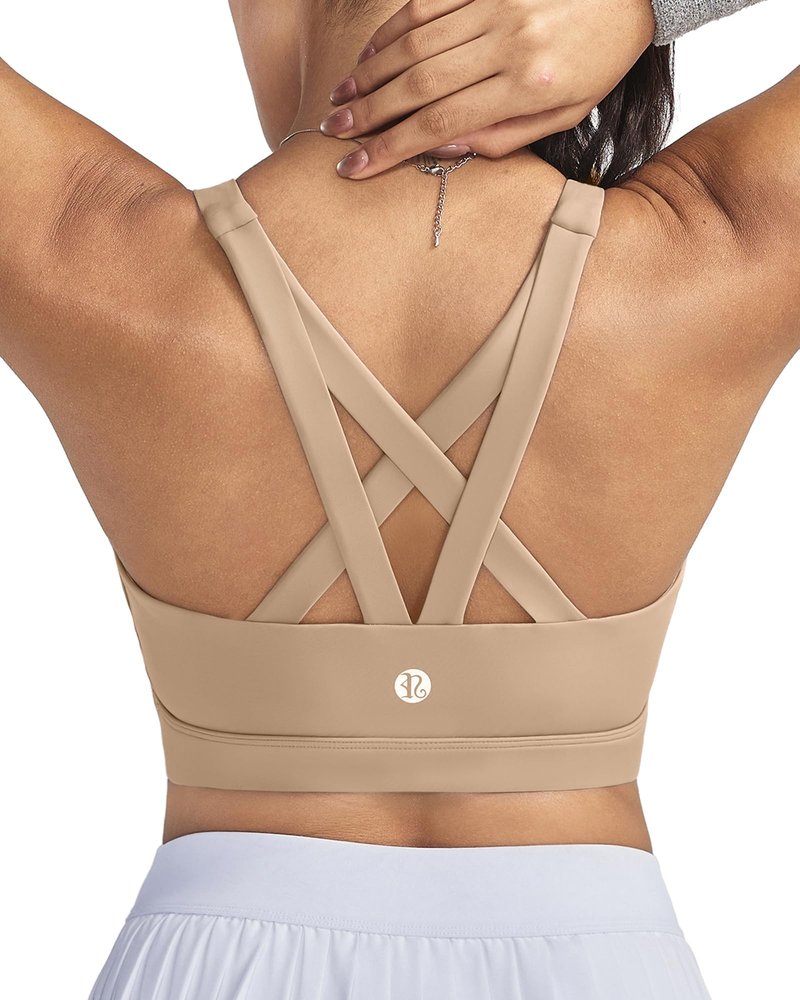 RUNNING GIRL Sports Bra for Women, Criss-Cross Back Padded Strappy Sports Bras Medium Support Yoga Bra with Removable Cups(WX2575 Nude XL)