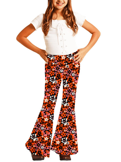Deerose 70s Hippie Bell Bottom Girls Halloween Black Red Floral Flare Pants Party Palazzo Trouser 9-10 Years
