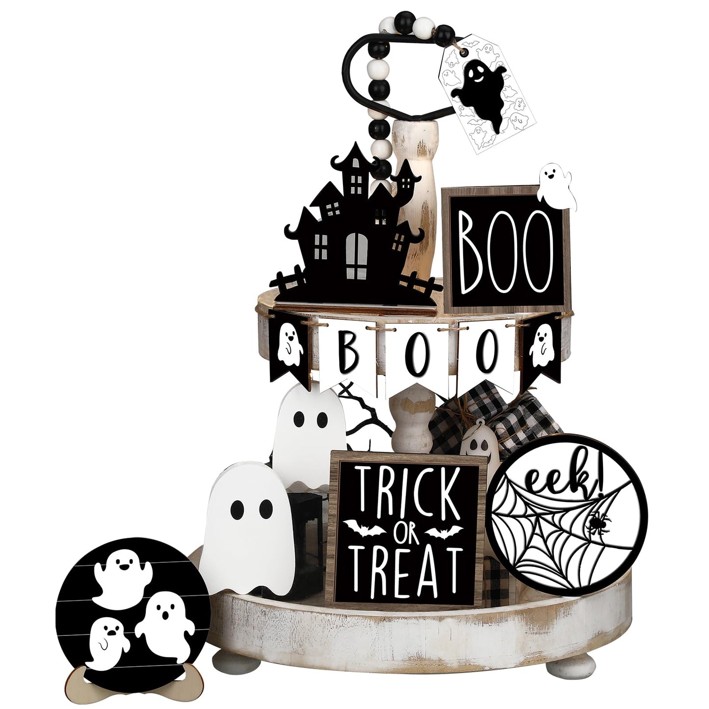 Umigy 15 Pcs Halloween Tiered Tray Decor Set Cute Ghost Tray Decorations Boo Halloween Wooden Signs Farmhouse Rustic Decoration for Home Table Party Supplies(Ghost)
