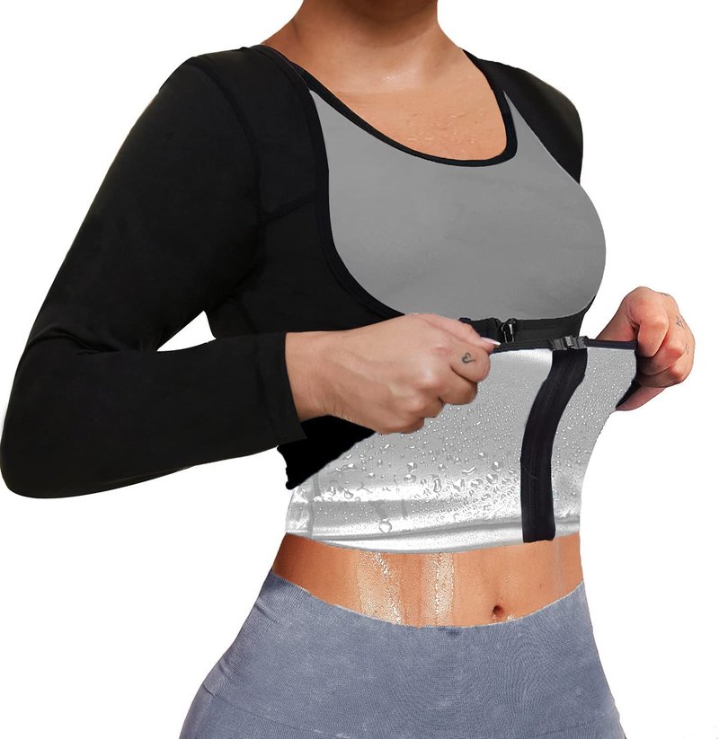 Sauna Suit for Women Sweat Body Shaper Jacket Hot Waist Trainer Long Sleeve Zipper Shirt Workout Top (Silver, Small)