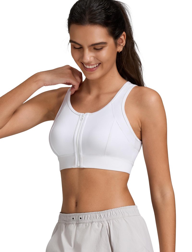 Yvette Front Zip Sports Bras for Women High Impact Supportive Mesh Back Bra for Running, White, L+