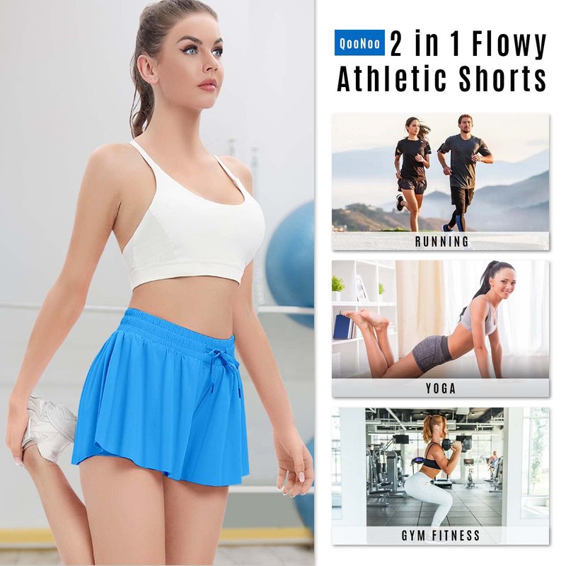 QooNoo 2 in 1 Athletic Shorts for Women Flowy Running Butterfly Shorts with Pockets High Elastic Gym Shorts Workout Tennis Skorts (Black,X-Small)