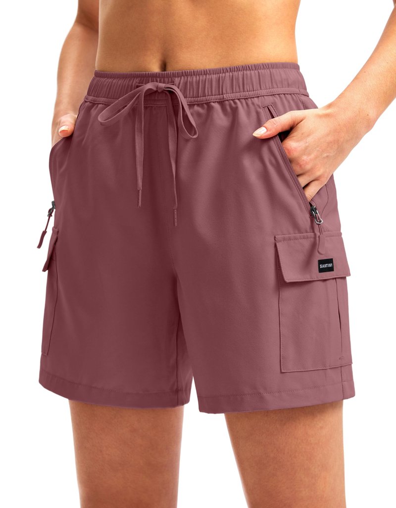 SANTINY Women's 5''/ 7''/9'' Hiking Cargo Shorts Quick Dry Lightweight Summer Shorts for Women Athletic Golf Zipper Pockets(Dusty Pink_L)