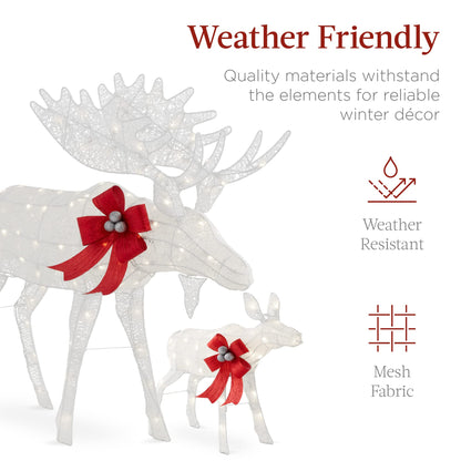 Best Choice Products 2-Piece Moose Family, Lighted Outdoor All-Weather Christmas Yard Decoration Light-Up Décor Set w/ 170 LED Lights, Ground Stakes, Zip Ties - White