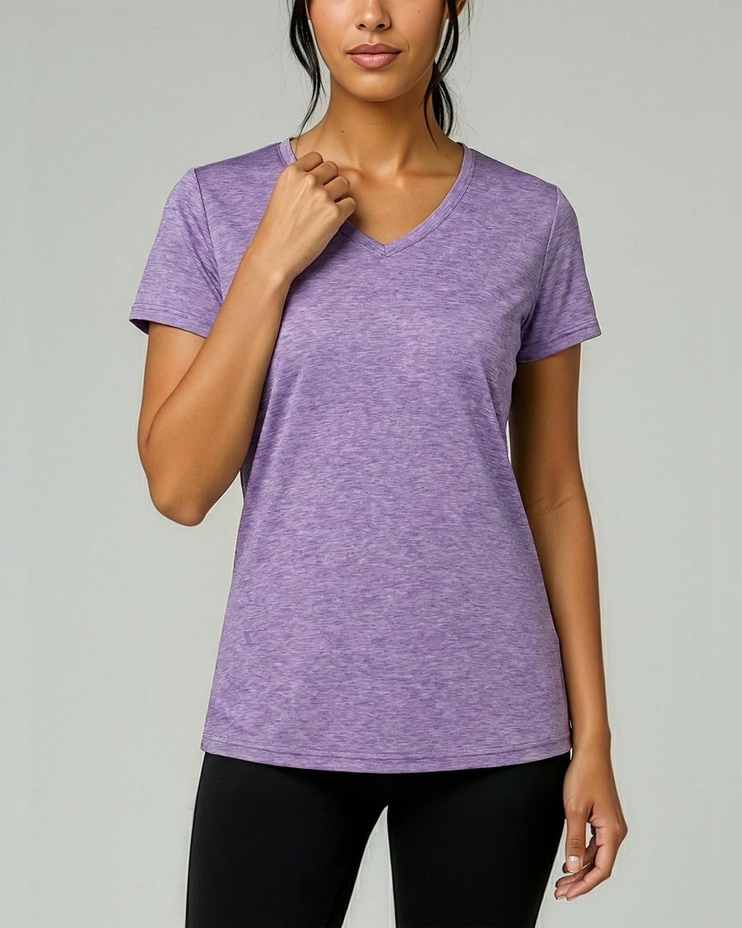 Real Essentials 5 Pack: Women's Dry-Fit Short Sleeve V Neck T Shirt Workout Fitness Yoga Top Tee, Set 7, L