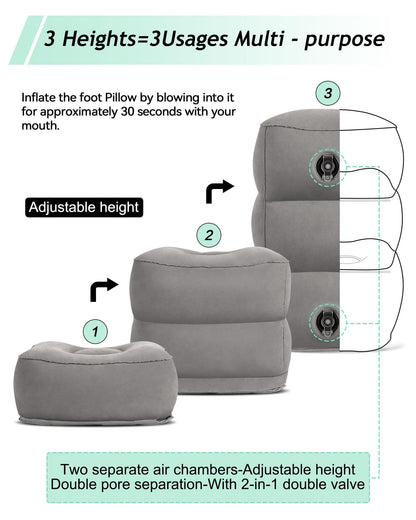 JefDiee Inflatable Foot Rest Pillow, Kids Airplane Bed, Adjustable 3 Layers Height Leg Rest Pillow, Airplane Travel Essentials Great for Office, Home, Trains, Cars