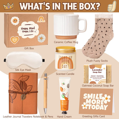 Gift Baskets for Women, 9pcs Unique Happy Birthday Gifts for Women, Thank You Basket Christmas Ideas Box w/Coffee Mug Her Mom Friend Teacher Coworker, Best Employee Appreciation Gifts