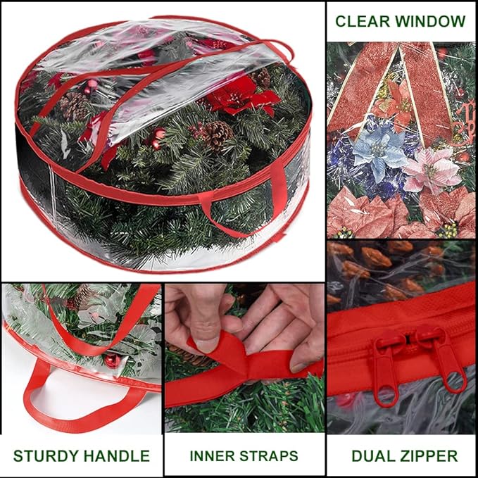 ProPik Christmas Wreath Storage Bag 36" - 2 Pack Clear Christmas Wreath Storage Container - Garland Holiday Artificial Wreath Storage Holder - Water Proof Transparent Clear PVC (36 Inch, Red)