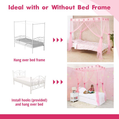 Wremedies for easier living Girls Princess Bed Canopy 4 Poster Style Bed Netting with Flowers Twin Bed Mosquito Easy Installation Net Box Set (White)