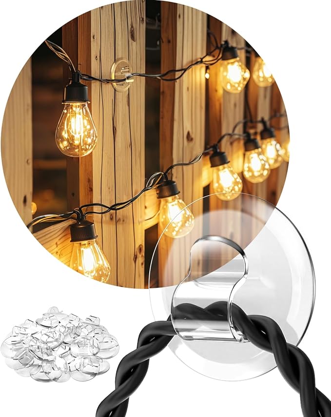 Light Clips for Outside String Lights: 48 Pack Adhesive Hooks for Outdoor String Lights - Outdoor Light Clips for Hanging Patio Balcony Fence - Rope Led Light Strip Decor Hooks