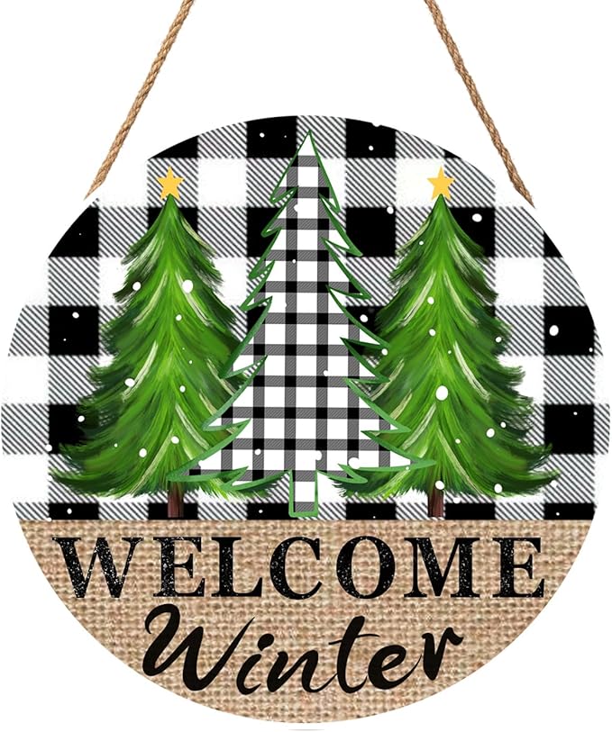 Buffalo Plaid Door Sign - 12in Pine Trees Wood Hanger for Outdoor Porch Rustic Winter Trees Hanging Plaque for Home Wall Decor