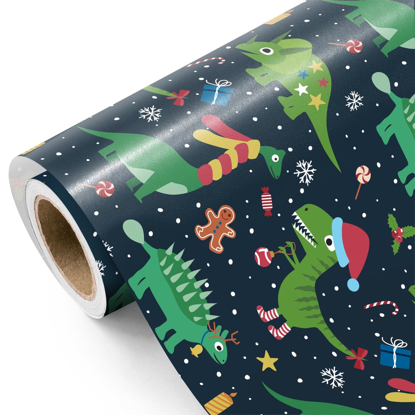 WRAPAHOLIC Dinosaur Christmas Wrapping Paper - Mini Roll - 17 Inch x 16.5 Feet - Green Christmas Dinosaur Wrapping Paper for Boys Girls Kids, Xmas Holiday, Party Celebration