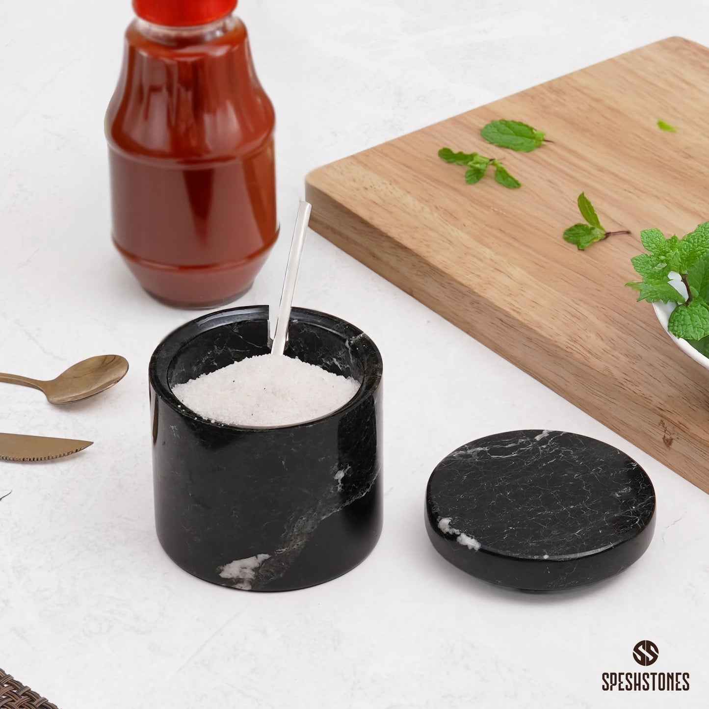 SPESHSTONES Marble Salt Cellar with Lid and Spoon 3 Inch Handmade Black Small Seasoning Containers - Decorative Spice Jars, Sugar Bowl & Flaky Salt Dish for Kitchen Countertop Storage
