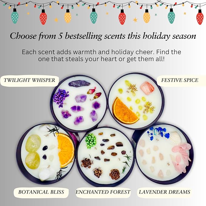 Moira's Bazaar Winter's Joy Gift Set – 16 Oz 50 Hr Scented Candle with Crystals & a Crochet Positive Penguin | Christmas, Holiday, or Motivational Gift, Artisanal Luxury Fragrances (Enchanted Forest)