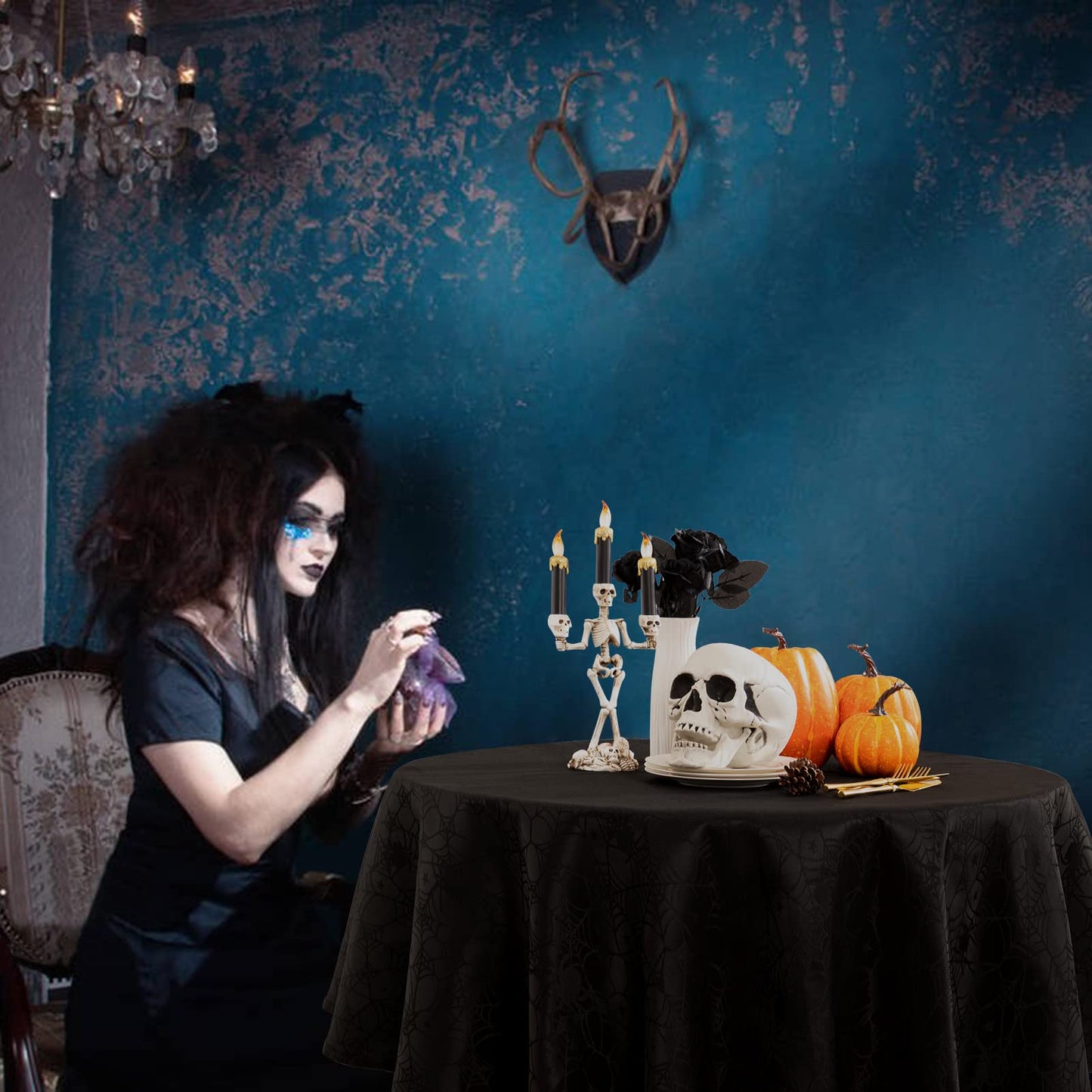 joybest Halloween Round Tablecloth - 60 Inch Black Spider Web Table Cloth Spillproof Fabric Table Cover for Dining Party, Halloween Decorations