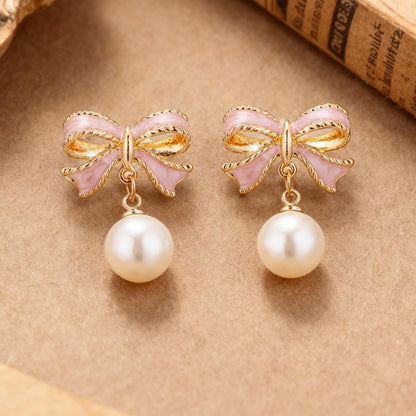 Pink Bow Earrings for Women Trendy Stuff Cute Bow Pearl Drop Dangle Earrings Bowknot Stud Wedding Party Daily Jewelry Accessory Gifts Christmas Stocking Stuffers