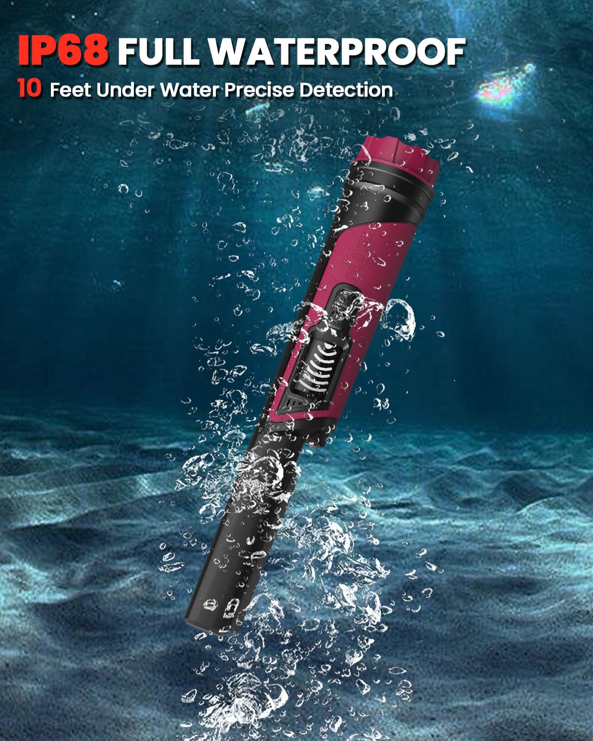 DR.ÖTEK Metal Detector Pinpointer for Adults & Kids, IP68 Fully Waterproof underwater metal detector wand Handheld Pin Pointer with LCD Screen & LED Light, 360°High Sensitivity Accuracy Detection, Red