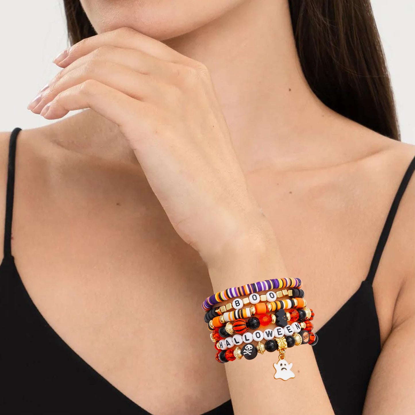 Pychee Summer Surfer Heishi Bracelet Set for Women Stackable Gold Plated Clay Ploymer Bead Stretch Pink Beach Layering Bracelets Jewelry (Style-B-Halloween1)