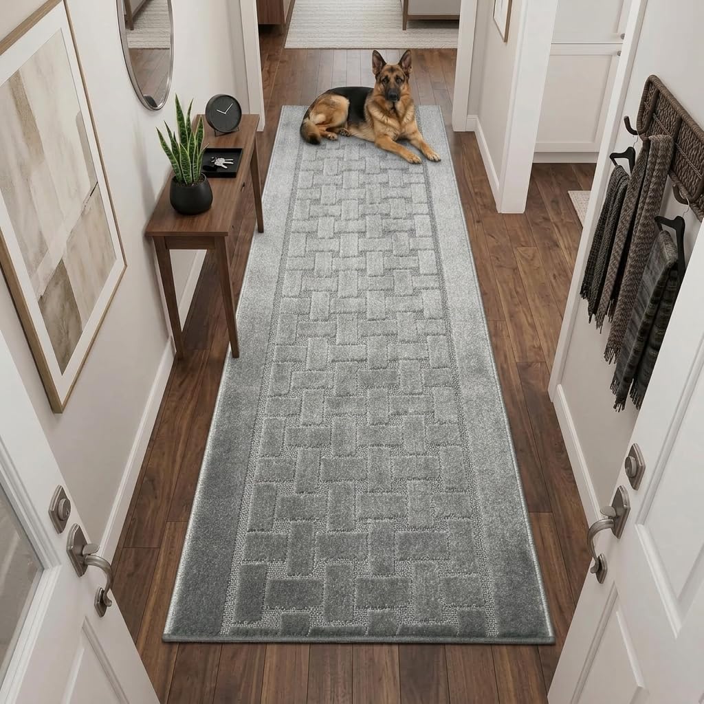 Runner Rug 15 ft, Non-Slip Washable Rug, Grey Textured Carpet for Kitchen Hallway Entryway, Rubber Backing, Indoor, Rolled in Box (26" x 15'), Custom Length Floor Runner