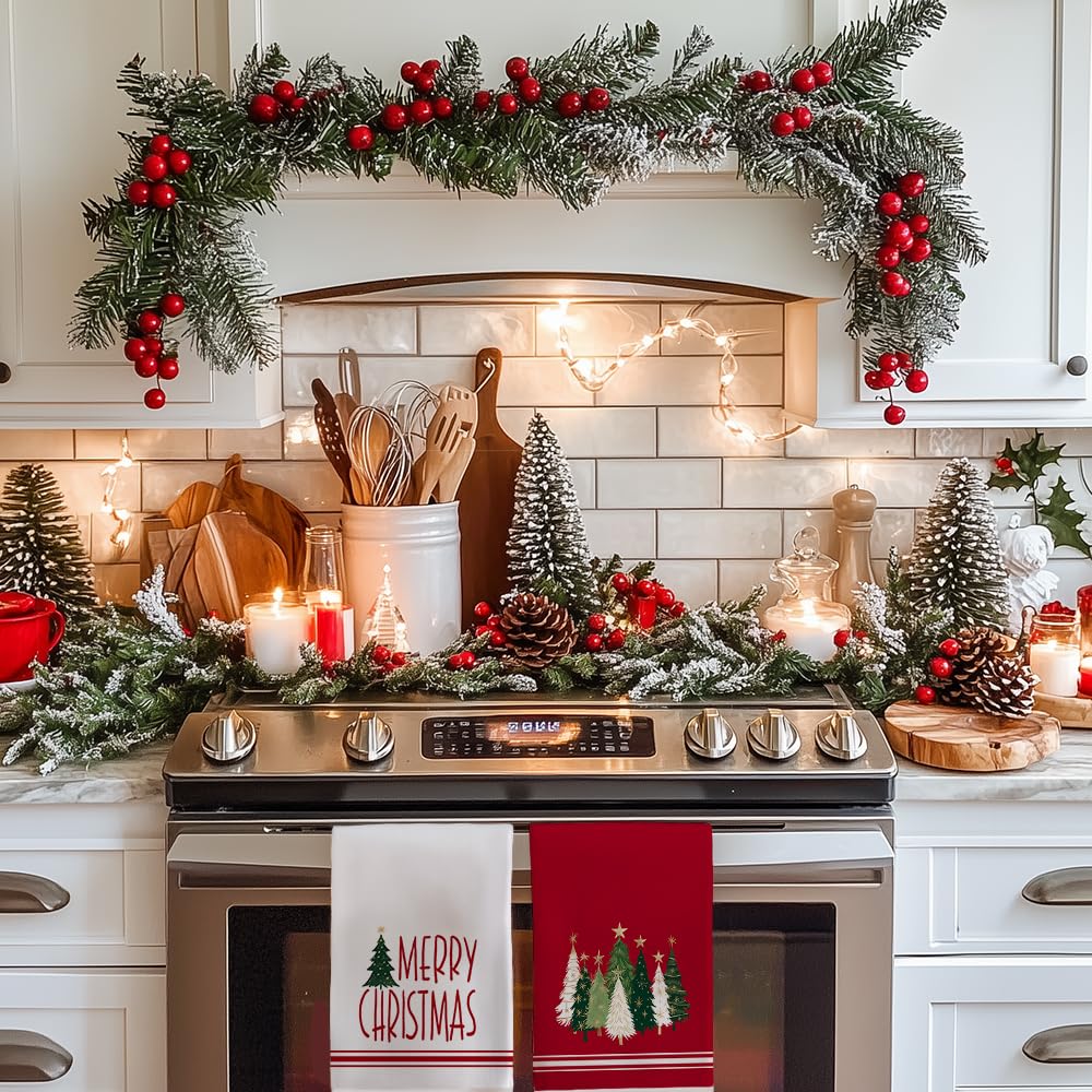 DineDia Merry Christmas Kitchen Towels Set of 2,Red Xmas Tree Dish Hand Towels Holiday Home Indoor Bathroom Party Seasonal Noel Decorations DD025