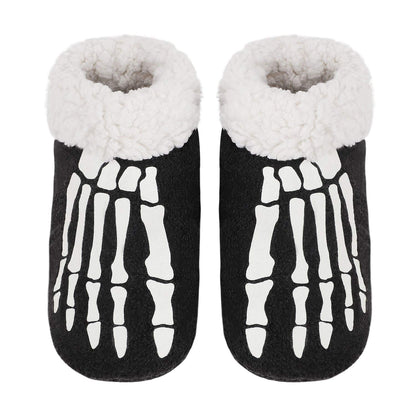 Memory Foam Fleece Indoor Slipper Socks Glow in The Dark Funny Skull Skeleton Halloween Slippers Home Ankle Bootie Socks Winter Warm Fuzzy Plush Non-Slip Bedroom Slippers House Shoes for Women Men