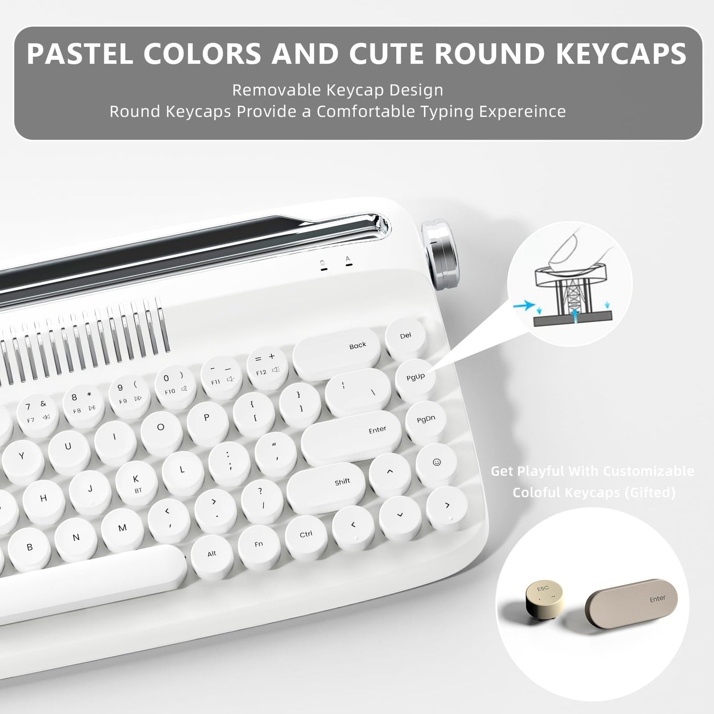 YUNZII Upgraded Wireless Typewriter Keyboard,with Retro Integrated Stand,USB-C/Bluetooth,Cute Round Keycaps, USB-C/Bluetooth Connection for Table, Phone, PC and Win/Mac/Android (B309, Baby Pink)