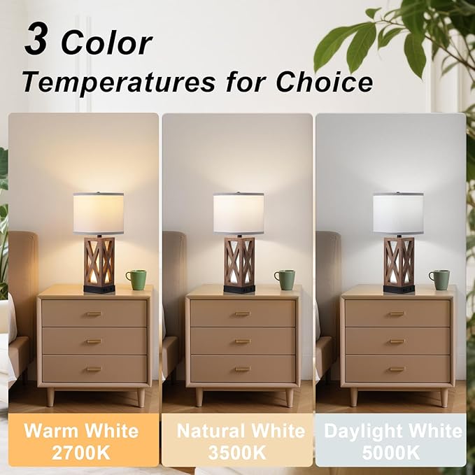 Set of 2 Wood Table Lamp, Vintage Nightstand Lamp with USB Charging Ports A/C, Farmhouse Bedside Lamps for Living Room