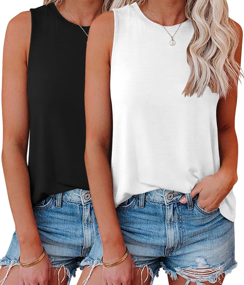 KKJ 2 Pack Womens Tank Tops Summer Crew Neck Sleeveless Loose Fit Casual Shirts Flowy Basic Tees Fashion Outfits