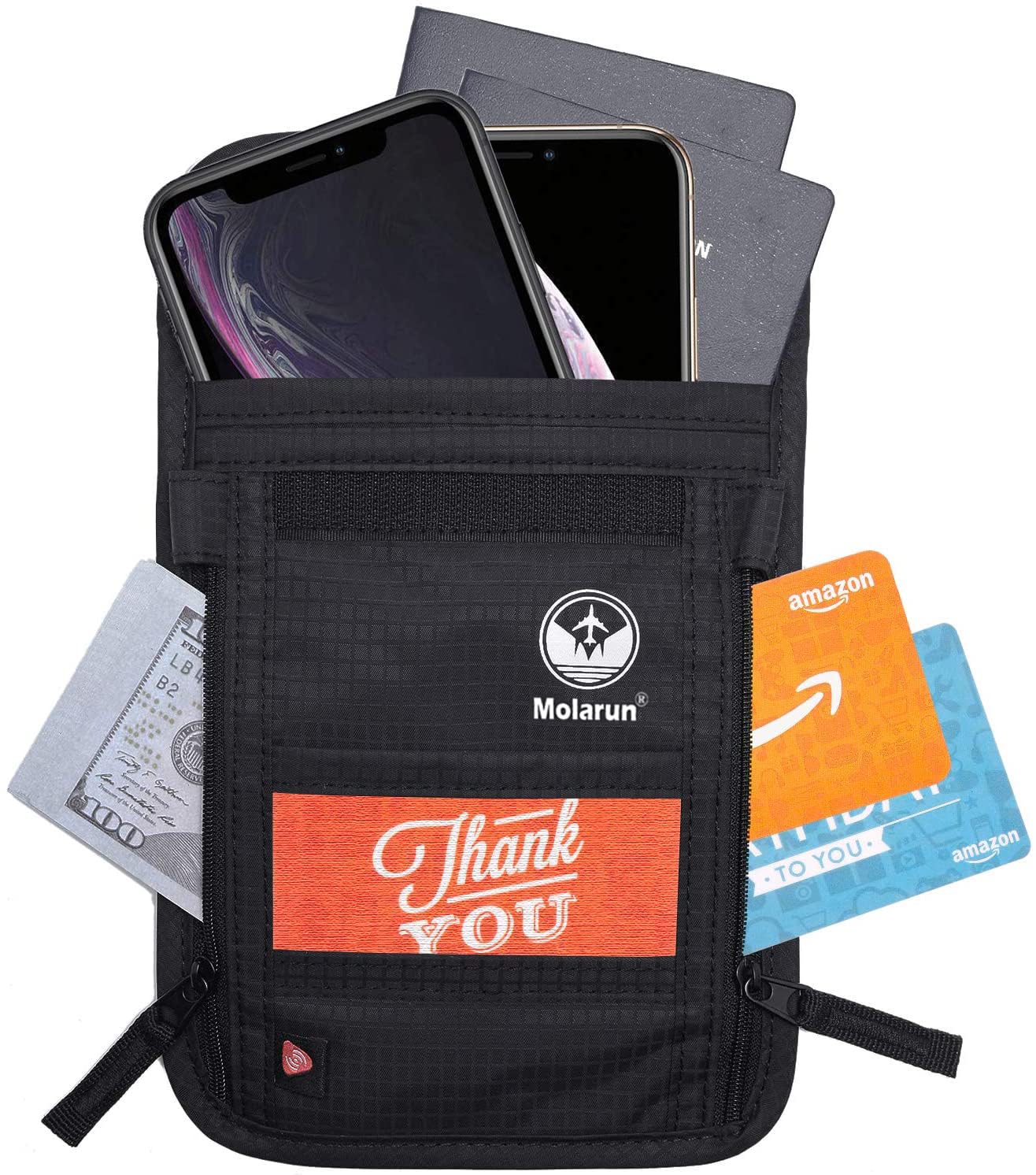 RFID Blocking Stash Neck Wallet, Passport Holder Travel Pouch for Women Men - Black
