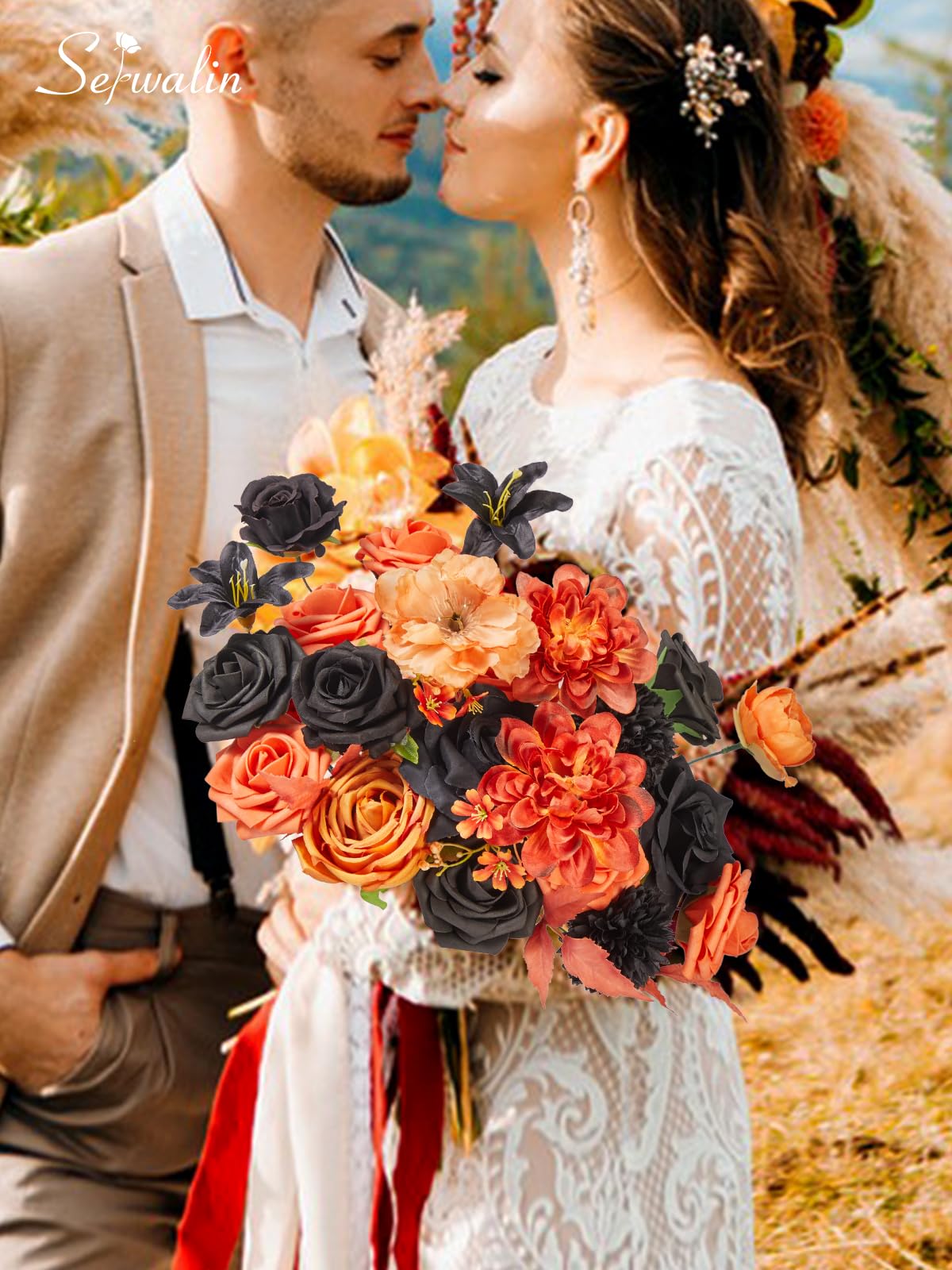 Serwalin Fall Flowers Combo - Black & Orange Artificial Wedding & Halloween Flowers for DIY Bridal Bouquets, Centerpieces & Home Decoration