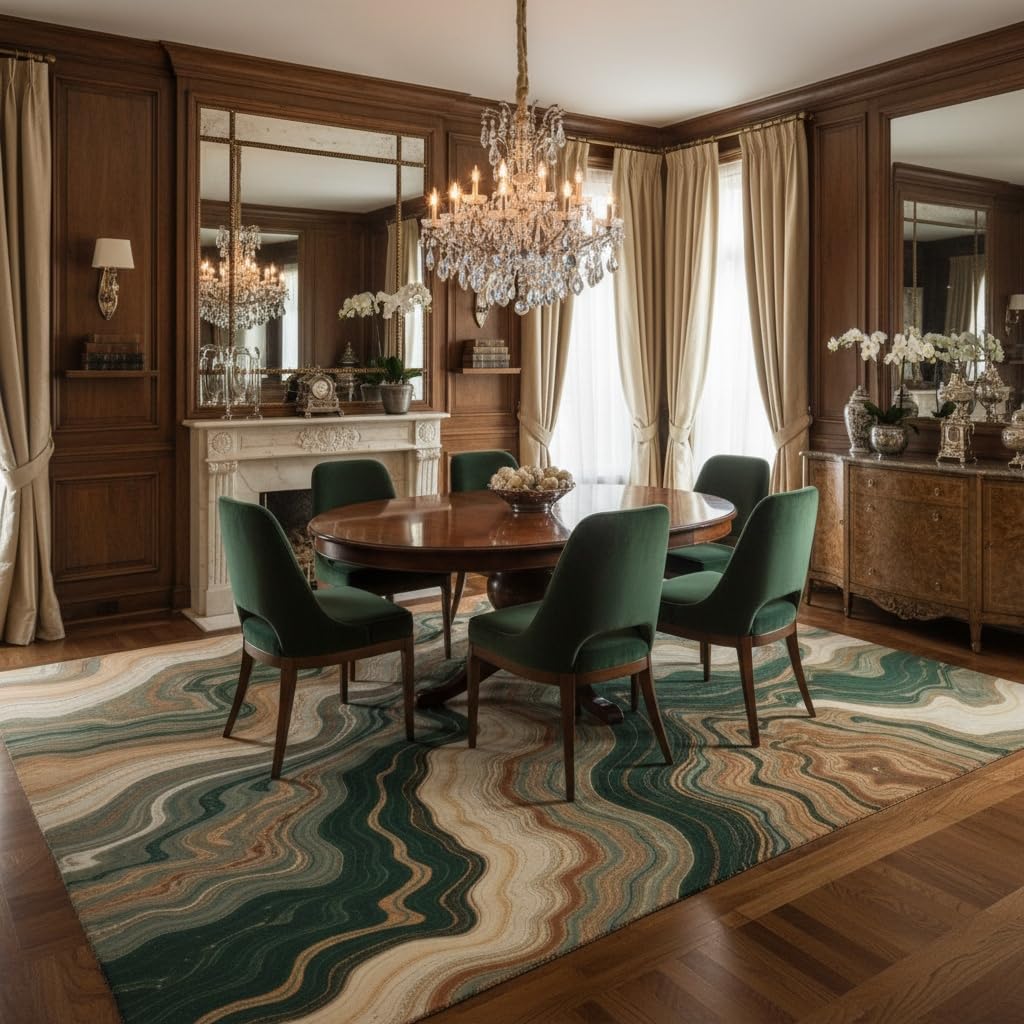 Retro Abstract Striped Marble Emerald Green Beige Brown Area Rug 8x10 Thin Non Shedding Unique Aesthetic Rugs for Bedroom Diningroom Farmhouse Guestroom Office Easy Clean Earth Tone Carpets