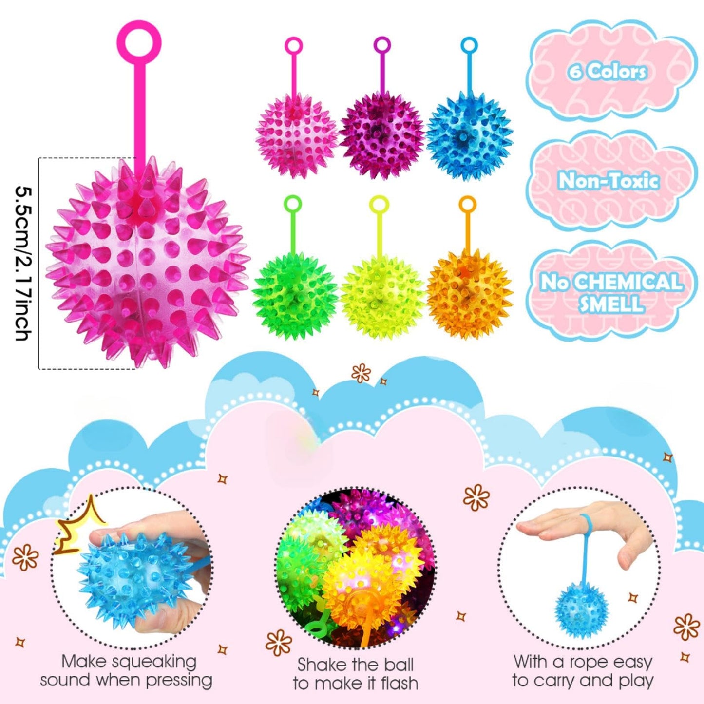 Sotiff 18 Pcs Light up Ball Spiky LED Bouncy Ball Flashing Squeaky Multicolor Puffer Toy Rubber Sensory Toy Carnival Prizes Bulk Party Favors for Teens, Adults, Children