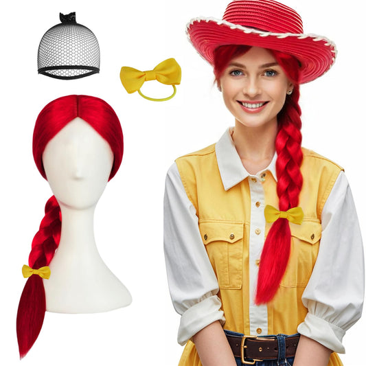 JoneTing Long Red Braided Wig Red Cowgirl Wigs 【+Hair Cap+ Bowknot】 Long Straight Reddish Wig with Braid for Women Reddish Braided Cosplay Hair for Cowgirl Halloween Christmas Costume Outfit