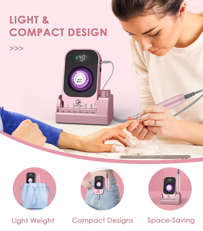 Portable Nail Drill Electric File: 40000RPM Professional Rechargeable Nail E-File Machine, Cordless Nail Drill with Bits & Base for Acrylic Nails Remove Nail Gel Polish Manicure for Salon Home, White