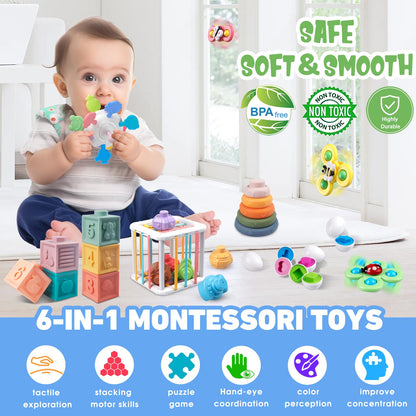 6 in 1 Baby Toys 6 to 12 Months, Montessori Toy for Toddlers 1-3, Infant Teething Babies Toy Stacking Blocks Rings Pull String Toy Sorter Sensory Bin