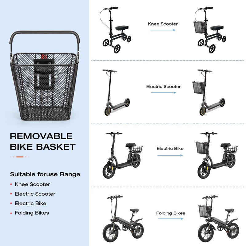 CXWXC Scooter Basket with Handle- Quick Release Front Bike Basket for E-Scooters - Bicycle Baskets with Fixed Bracket Fits Folding Bikes, Kick and Knee Scooters