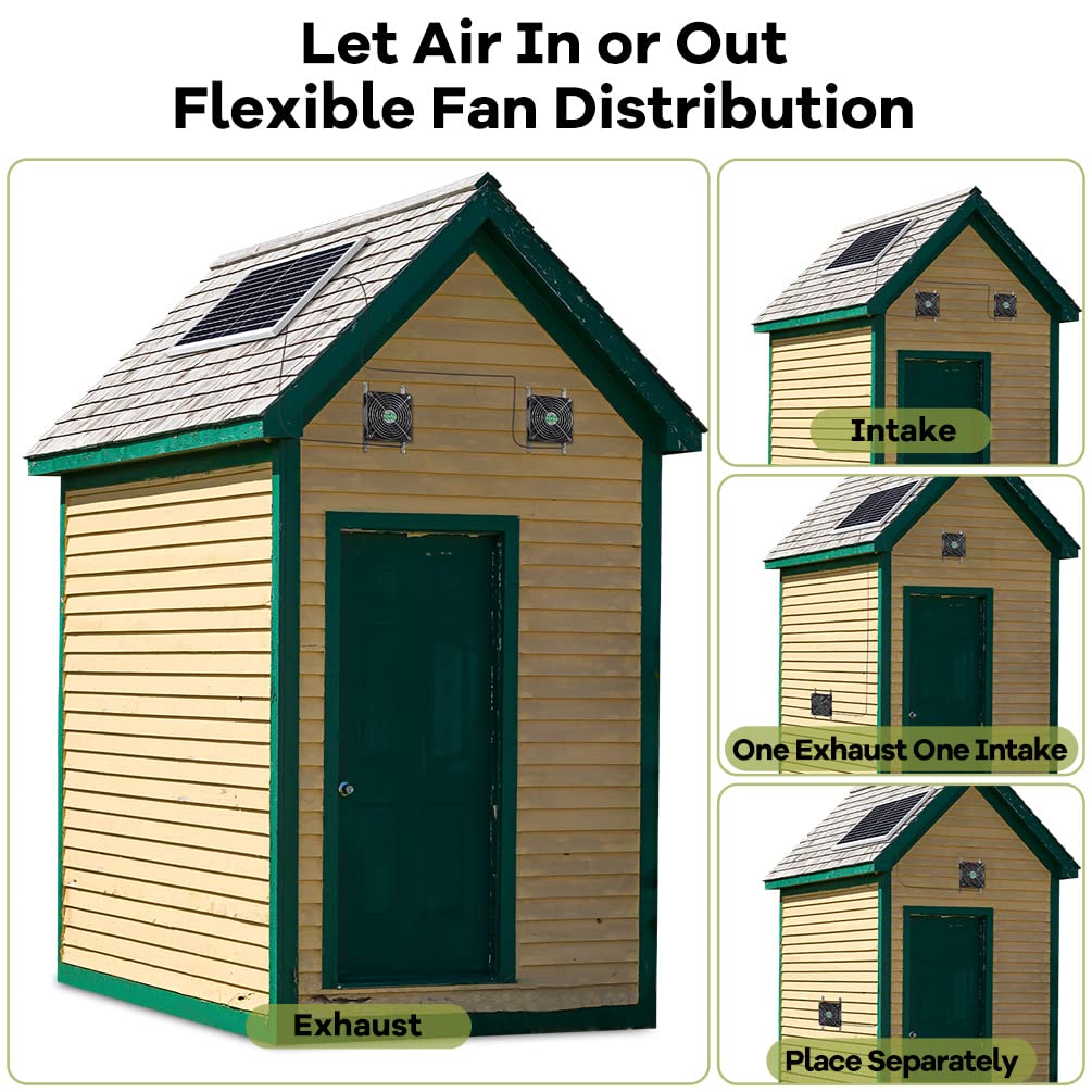 erifyng Solar Powered Fan, Solar Fan for Shed, Chicken Coop, Greenhouse, Outside with Two IPX7 Waterproof 5In Fans 13Ft On/Off Switch Cable Exhaust Intake Mounting Way and Installation Kits