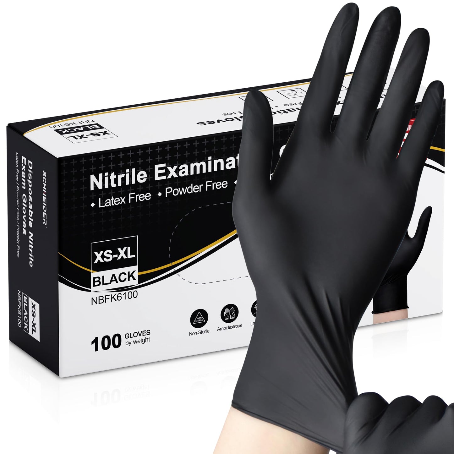 Schneider Gloves Disposable Latex Free, Black Nitrile Gloves Medium Powder Free for Medical, Cooking, Cleaning, Food Prep